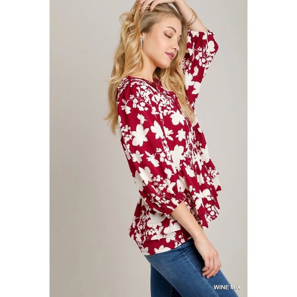 Umgee Wine/White Floral Printed Balloon Sleeve Top with Ruffle Detail~SMALL - Picture 4 of 7